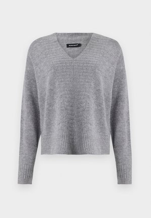 Gray knitted sweater with a V-neck design, long sleeves, and ribbed hem. Features a textured pattern throughout the fabric.