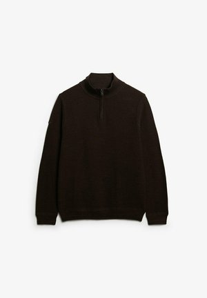 Dark brown pullover sweater with a high collar and half-zipper, featuring a textured knit design and ribbed cuffs and hem.