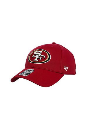 Red baseball cap with San Francisco 49ers logo on front and '47' embroidered on side brim, adjustable strap closure.