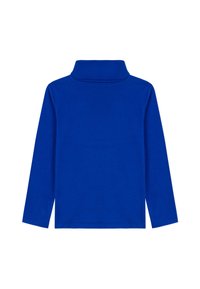 Langermet genser med høy hals i klar blå, laget av mykt materiale, med brettet krage og rett nederkant. Ingen mønstre eller detaljer.
