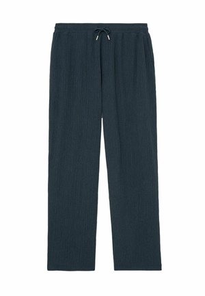 Spodnie z ciemnoszarej tkaniny o fakturze, z elastycznym pasem i sznurkiem, charakteryzujące się prostymi nogawkami i kieszeniami bocznymi.