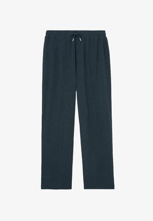 Dunkelgraue Stoffhose mit strukturiertem Gewebe, elastischem Bund und Kordelzug, ausgestattet mit geraden Beinen und Seitentaschen.