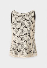 Haut noir sans manches avec superposition de dentelle crème présentant un motif de feuilles détaillé et un col rond.