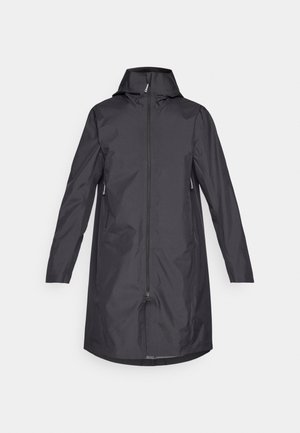 Long black waterproof coat with hood and full front zipper, featuring zippered side pockets, designed for outdoor use.