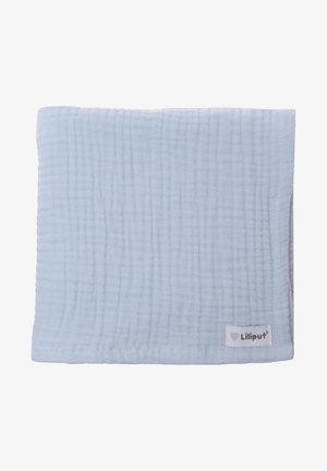 Light blue, soft cotton muslin blanket with a textured grid pattern and a stitched edge. Features a small label with "Liliput."