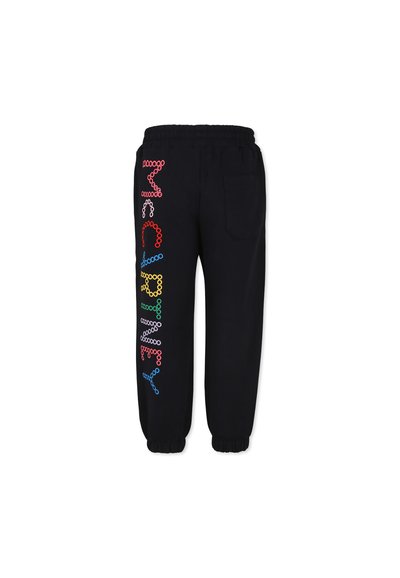 Pantaloni sportivi neri con vita elasticizzata, caratterizzati da disegni circolari multicolori che formano la parola "CREAMY" lungo la gamba sinistra.