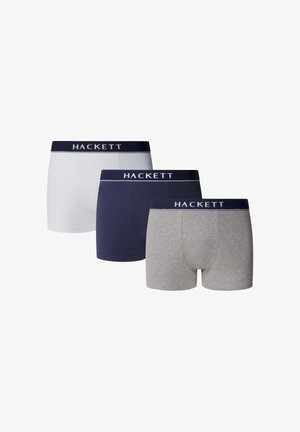 Set di tre boxer da uomo in bianco, blu navy e grigio con fascia in vita nera e marchio "HACKETT".