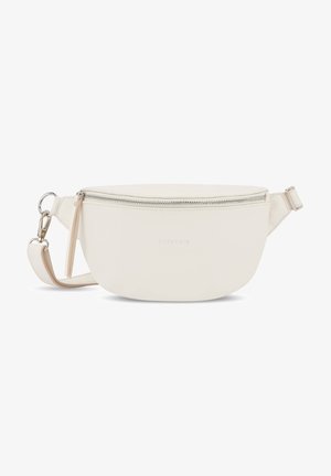 Sac banane en cuir couleur crème avec fermeture éclair, sangle réglable et fermeture à clip métallique sur fond blanc.