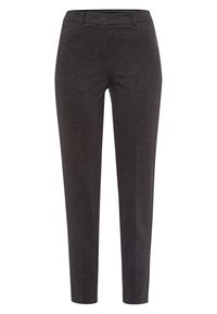 Pantalon gris foncé en tissu texturé, avec une coupe slim, des poches avant dissimulées et une taille avec passants de ceinture.