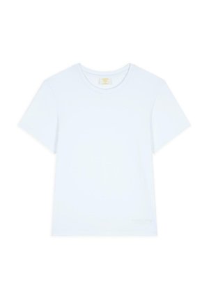 Light blue short-sleeve t-shirt made of soft fabric. Features a round neckline and a subtle logo detail near the hem.