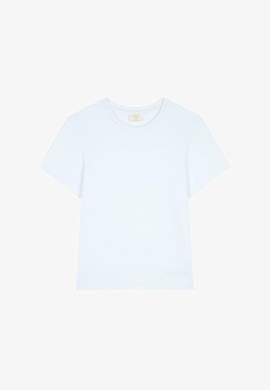 Light blue short-sleeve t-shirt made of soft fabric. Features a round neckline and a subtle logo detail near the hem.