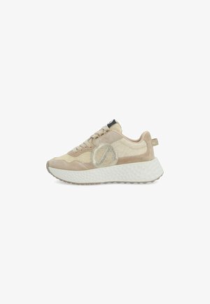 Beige and cream sneaker with thick textured white sole, suede and mesh upper, round toe, lace-up, and circular logo detail on side.