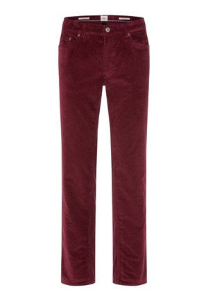 Bordeaux kleurige corduroy broeken met een recht model, vijf zakken en een knoopsluiting aan de voorkant. Zachte textuur met verticale ribbels.