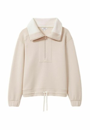 Beige svetr s vysokým límcem, čtvrtinovým zipem, žebrovaným límcem a lemem, a nastavitelnou šňůrkou v pase. Měkká textura.