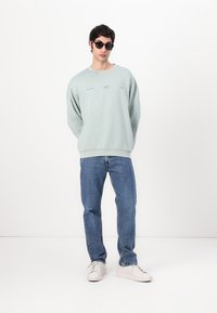 Light green sweatshirt with ribbed cuffs, featuring minimalistic printed text. Paired with blue jeans and white sneakers. Model wearing black sunglasses.