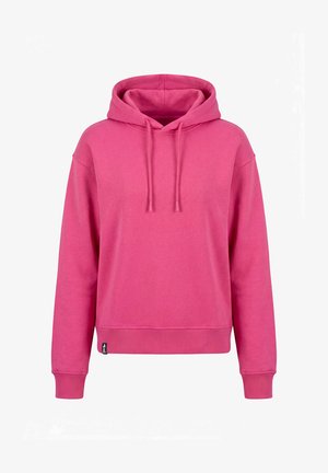 Rosa Kapuzenpullover mit Kängurutasche vorne, Kordelzugkapuze, gerippten Bündchen und Saum, gezeigt auf einem einfarbigen weißen Hintergrund.