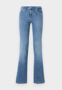 Ljusblå utsvängda jeans i denim, med fem fickor, dragkedja framtill och knappstängning. Svanat mönster på låren och i fållen.