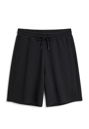 Czarne szorty do kolan z elastycznym pasem i sznurkiem, kieszeniami po bokach, wykonane z miękkiego materiału, idealne do codziennego noszenia.
