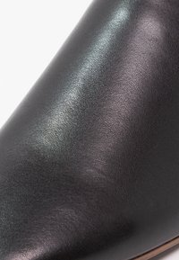 Chaussure en cuir noir avec une texture lisse, design à bout pointu et esthétique minimaliste avec une finition polie.