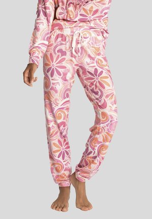 Lila blommönstrade pyjamasbyxor med avslappnad passform, elastisk midja och dragsko. Tyget visar virvlande former och färgglada accenter.