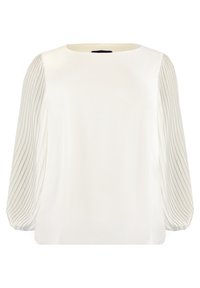 White top featuring smooth front fabric and pleated long sleeves, showcasing a subtle texture contrast and a round neckline.