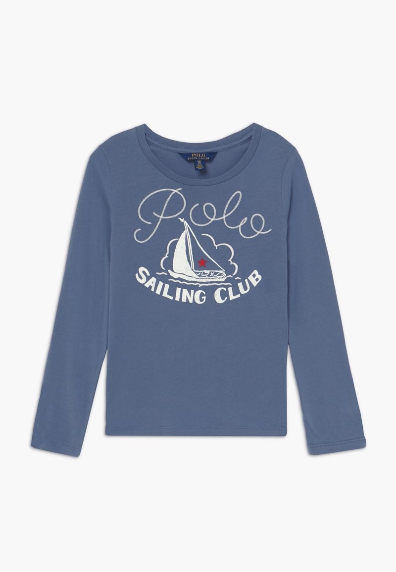Blå långärmad skjorta i mjuk bomull, med "Polo Sailing Club" och en segelbåtsgrafik med en röd stjärndetalj på framsidan.