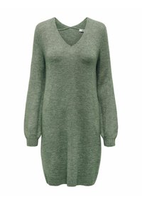 Grön stickad klänning med V-ringning, långa ärmar och ribbade manschetter. Mjuk textur, knälång och avslappnad design.