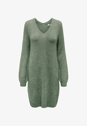Vihreä neulottu mekko V-pääntielle, pitkät hihat ja ribbireunukset. Pehmeä kangas, polvipituinen ja rento malli.