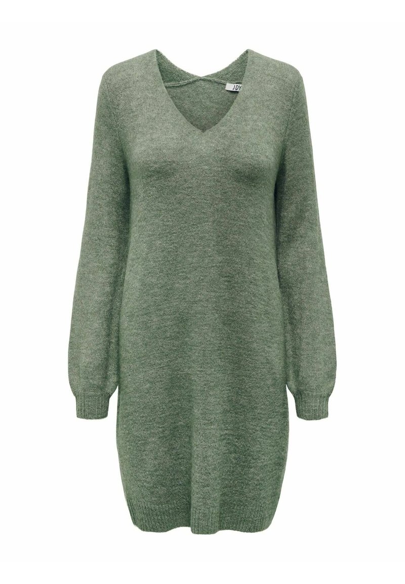 Grön stickad klänning med V-ringning, långa ärmar och ribbade manschetter. Mjuk textur, knälång och avslappnad design.