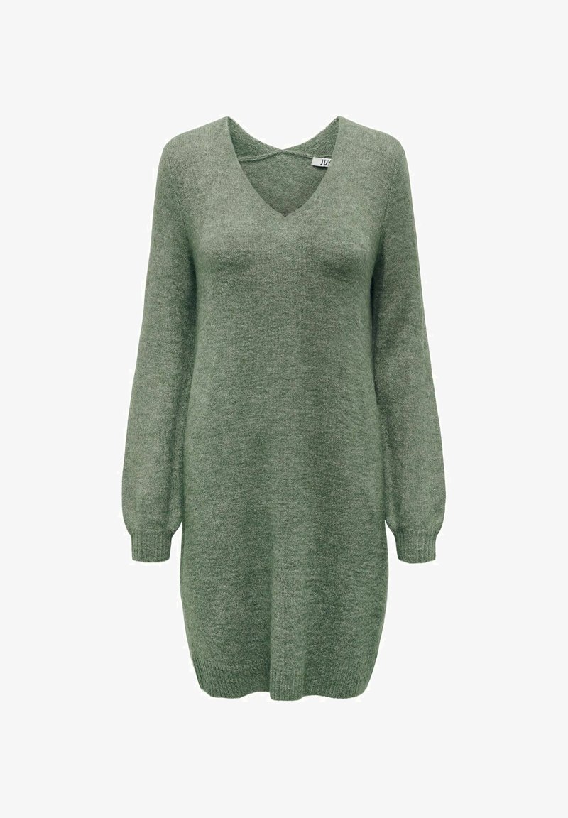Robe tricotée verte avec un décolleté en V, des manches longues et des poignets côtelés. Texture douce, longueur genoux et design décontracté.