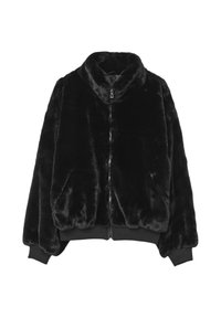 Černá bunda z umělé kožešiny s vysokým límcem, zapínáním na zip a elastickými manžetami. Měkká textura, volný střih, vhodná pro běžné nošení.