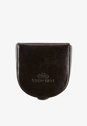 Pequeña monedero de cuero negro con una solapa curva y el nombre de la marca "Wittchen" en relieve en la parte delantera.