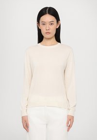 Maglione lungo beige chiaro a maniche lunghe con scollatura rotonda, realizzato in morbido tessuto a maglia. Presenta polsini e orlo a coste, design minimalista.