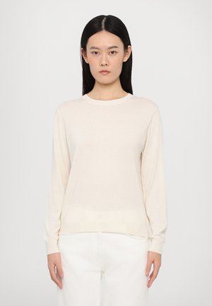 Light beige long-sleeve sweater with a round neckline, made of soft knit fabric. Features ribbed cuffs and hem, minimalistic design.