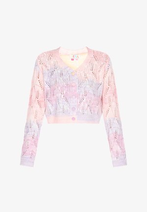 Häkeljacke in Pink- und Lavendelverlauf, mit V-Ausschnitt, langen Ärmeln, Knöpfen vorne und offenem Stichmuster.