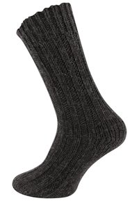 Calzino lavorato a maglia di un grigio scuro con texture a costine, bordo superiore a scallop e tallone rinforzato, che mostra un design spesso e accogliente.