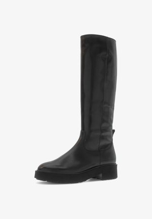 Schwarze knielange Stiefel aus glattem Leder mit runder Spitze und dicker Plateausohle. Elegantes Design mit minimaler Naht und ohne sichtbare Beschläge.