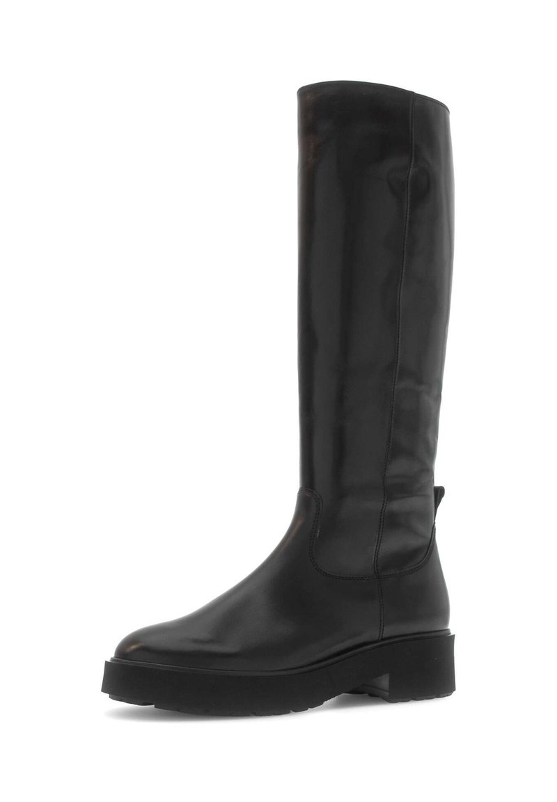 Black knee-high boots made of smooth leather with a rounded toe and thick platform sole. Sleek design with minimal stitching and no visible hardware.