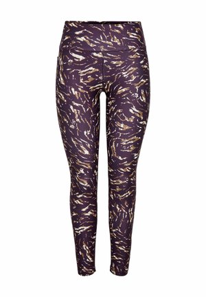 Lilla tights med et snoet mønster i brun og hvid. Fremstillet af et strækbart materiale, designet til komfort og bevægelighed.