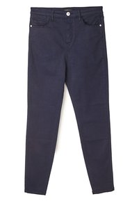 Jeans skinny de un oscuro color azul marino en tejido de algodón elástico, con bolsillos frontales, cremallera y botón, y detalles de costura sutiles.