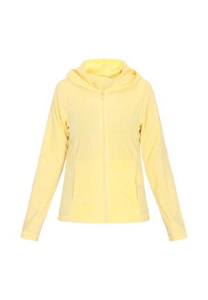Yellow zip-up hoodie made from soft fleece material, featuring a hood, side pockets, and long sleeves. Smooth texture with no patterns.