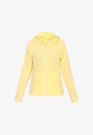 Yellow zip-up hoodie made from soft fleece material, featuring a hood, side pockets, and long sleeves. Smooth texture with no patterns.