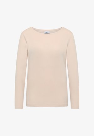 Długi rękaw top w miękkiej beżowej bawełnie, z okrągłym dekoltem i dopasowanym krojem, z prostymi szwami i bez widocznych wzorów.