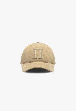 Khaki baseball cap with a curved brim and two vertical embroidered lines on the front. Made of soft fabric with a textured surface.