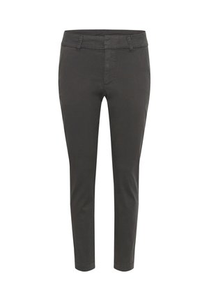 Pantalon slim gris foncé en tissu léger. Doté d'une taille classique, de poches avant et d'une texture lisse.