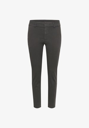 Temno sivi, slim-fit hlače iz lahko tkanine. Imajo klasičen pas, sprednje žepe in gladko teksturo.