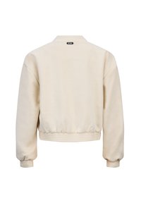 Crème-kleurige, cropped sweatshirt met een zachte fleece structuur, elastische onderrand en geribde manchetten. Heeft een zwarte label aan de achterkant.
