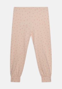Világos rózsaszín, pamut leggings elasztikus derékkal. Szétszórtan elhelyezett virágmintázattal sötétebb rózsaszín árnyalatokban. Felhajtott bokadizájn.