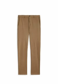Brązowe slim-fit spodnie z pętlami na pasek, zapięciem na guzik i kieszeniami bocznymi, wyeksponowane płasko na białym tle.
