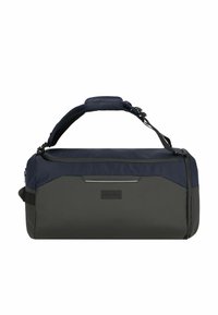 Borsa a tracolla nera e blu con spallaccio regolabile imbottito e chiusura a zip, con un piccolo logo sulla parte anteriore.